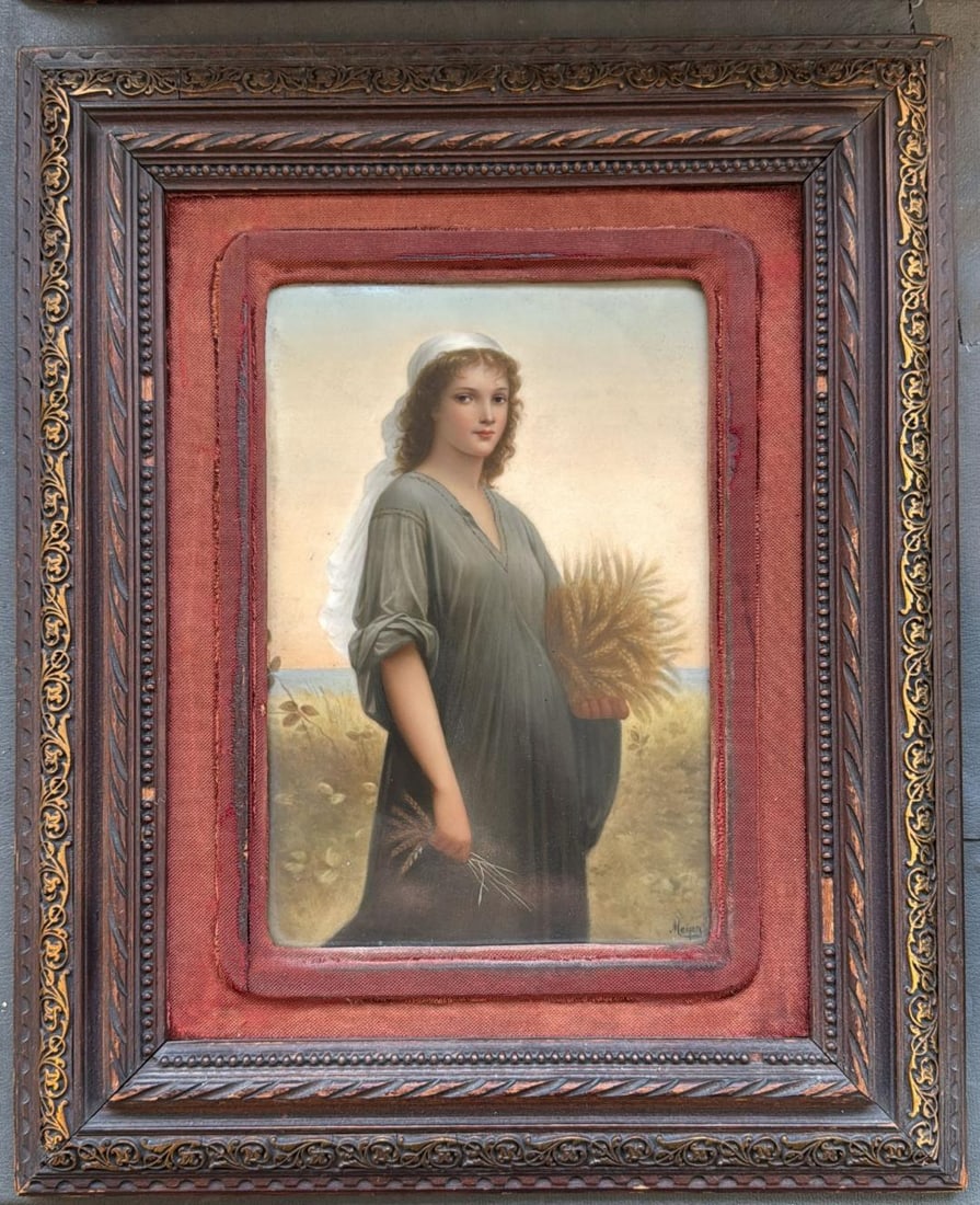 Berlin KPM Porcelain Plaque of Ruth Landelle in the Cornfield: Plaque 9" x 6" Frame:16" x 13" Shipping in - House available. The Royal Porcelain Factory in Berlin, also known as the Royal Porcelain Manufactory Berlin and whose products are generally called Berlin