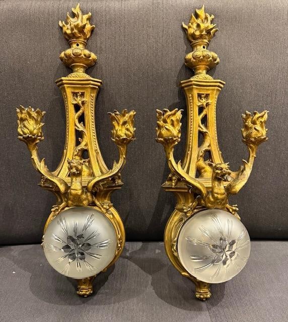 Monumental Wall Sconces Ormolu Bronze & Baccarat Glass H: 23.5" France (1 of 11)