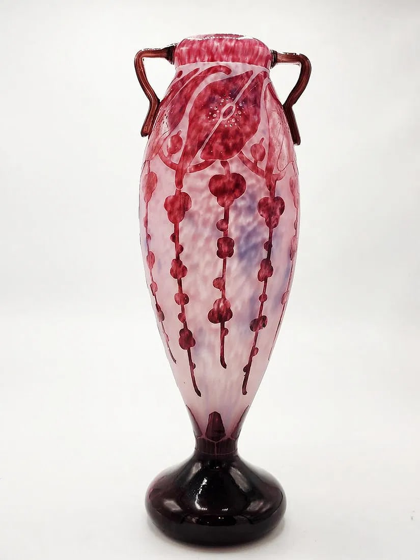 Le Verre Francais Cameo Glass Vase H: 16" W: 6" France: Shipping in - House available. Le Verre Francais,they developed two production lines in the glass factory with two different styles: glass with the signature "Le Verre Francais” and the other li