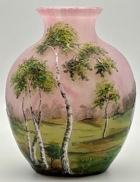 Lamartine, Enameled Cameo Glass Landscape Vase H: 4.3" France: Shipping in - House available Shipping in - House available Vase Glass Art Nouveau signed LAMARTINE , Paysage', c1910. H. 4.3 inch , Enameled birch landscape on rough ground. Signed: Lamartine (needle