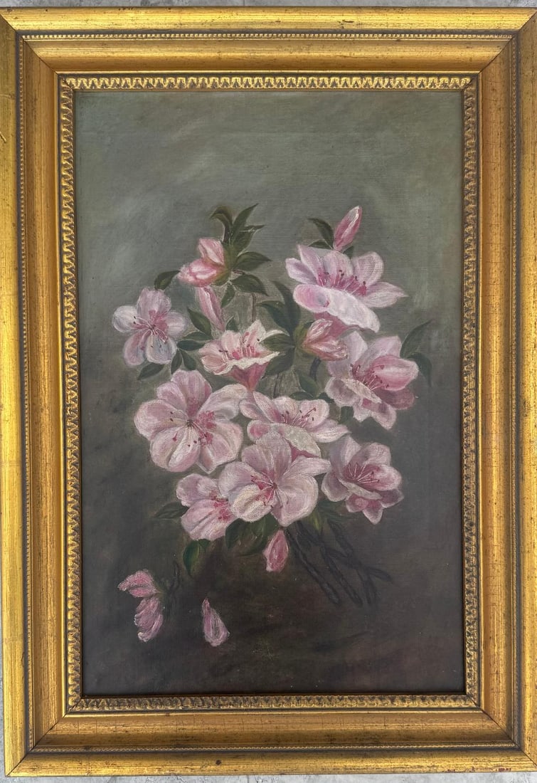 Paul de Longpre (Attributed) Oil on Canvas Art: 18" x 11.5" Fr: 21" x 14": Shipping in - House available - No COA - Paul de Longpre (French American, 1855-1911). An original watercolor painting on paper. A floral still life with soft white and purple flowers with red centers