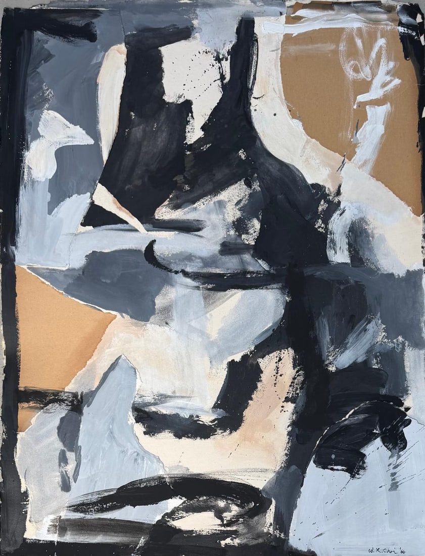 Wook-Kyung Choi (Attributed) Mixed Media Collage on Paper Art: 31" x 24" (1 of 4)