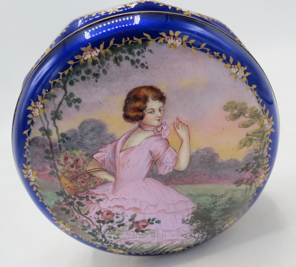 Sevres Enameled Jewelry Box H-2.2" D.7.0", Signed Gamet ,France (1 of 4)