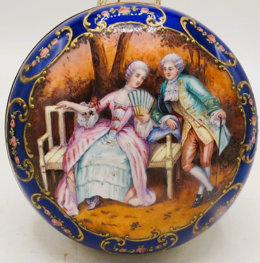Sevres Enamel Box Signed by Gamet - Romantic Scene H: 4" D: 6.5": Shipping In - House available -. The Manufacture nationale de Sevres is one of the principal European porcelain manufactories. It is located in Sevres, Hauts-de-Seine, France. It is the continuation o
