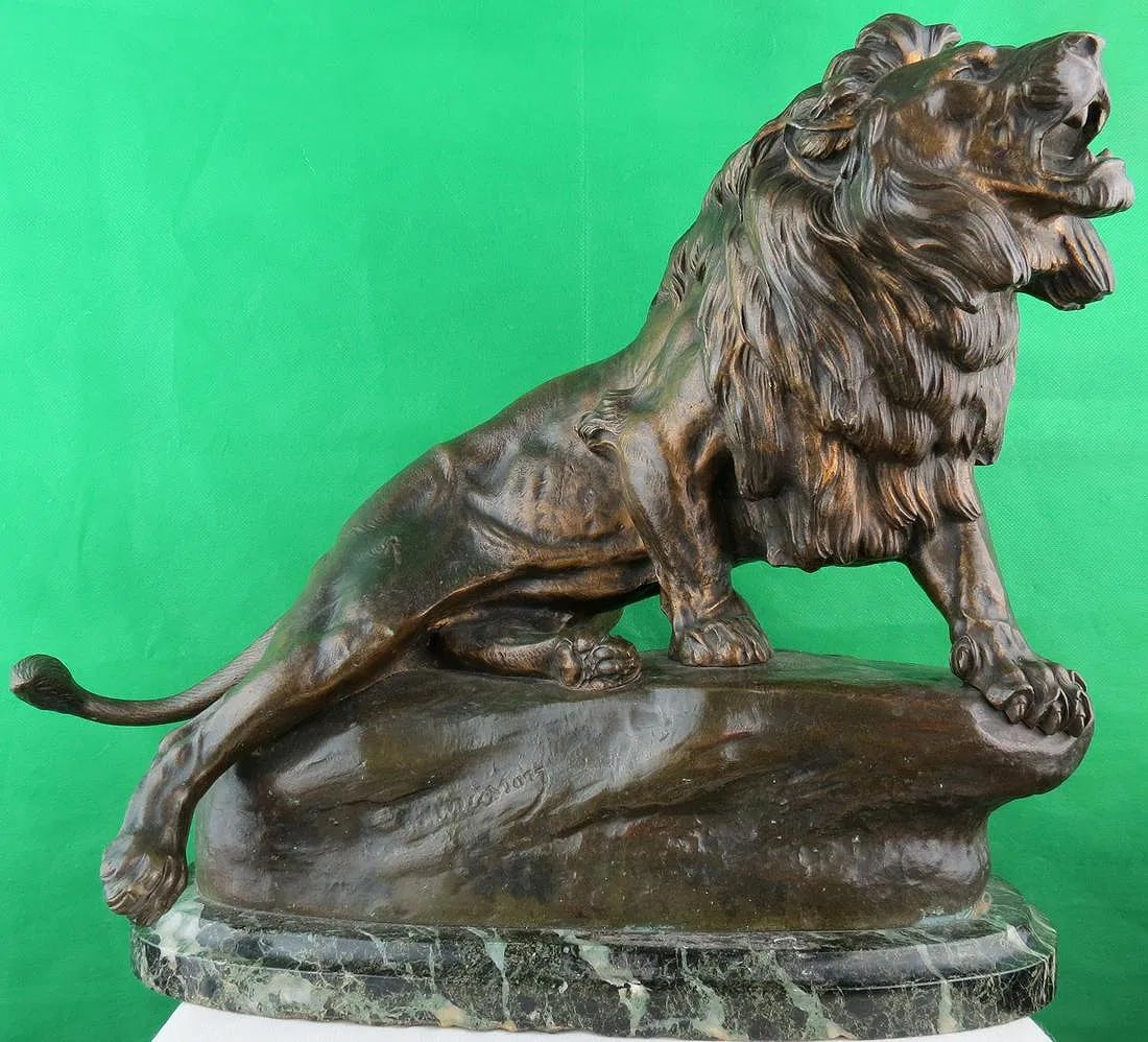 Bronze Sculture of Lion by Charles Masson, French C.1900 14"x 14"x7" (1 of 5)