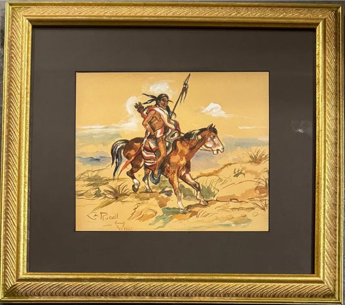 Charles Marion Russell (Attributed) Watercolor on Paper Art: 10.8" x 9": Shipping in - House available. Frame: 17" x 19" No COA - Charles Marion Russell, also known as C. M. Russell, Charlie Russell, and "Kid" Russell, was an American artist of the American Old West. He cr