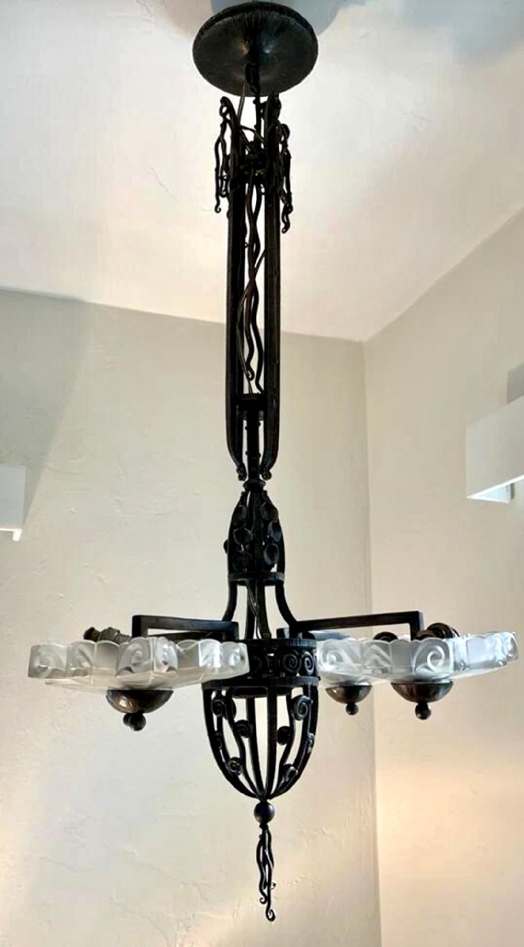Art Deco Iron & Glass Chandelier Brandt Style H: 33" W: 22" D: 22" (1 of 4)