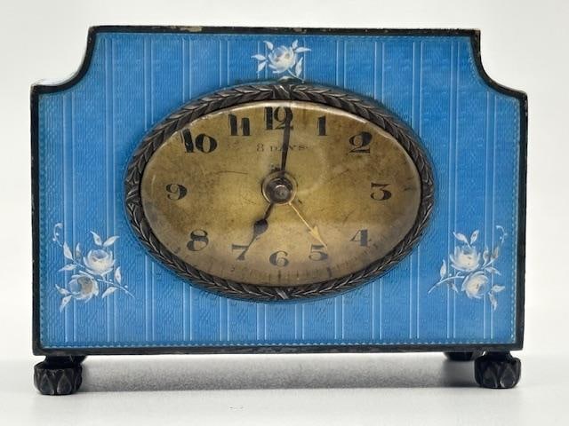 Sterling Silver And Emamel Miniature Clock H: 2" W: 2.7": Shipping in - House available
