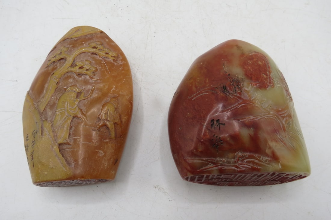 2 Antique Hand Carved Stone Seals - China H: 4" & 3.2": Shipping in - House available