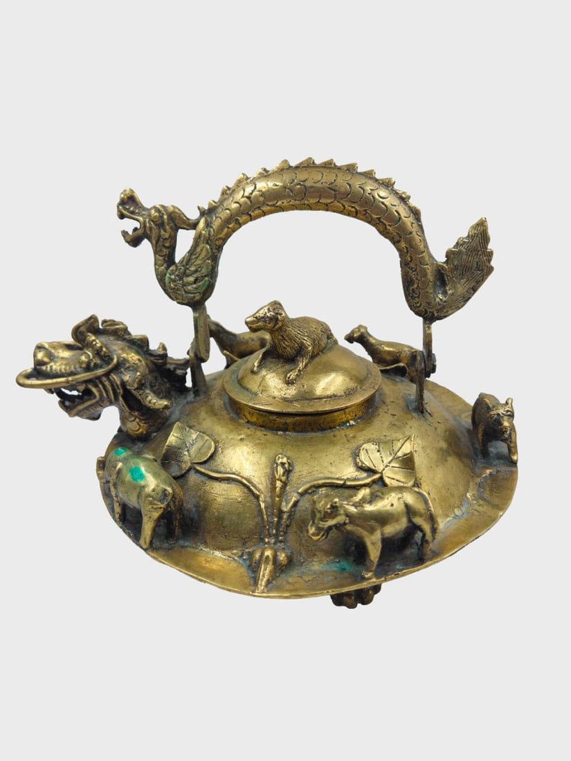 Antique Chinese Bronze Kettle w/ Figures of Animals 9" x 12" x 10" (1 of 5)