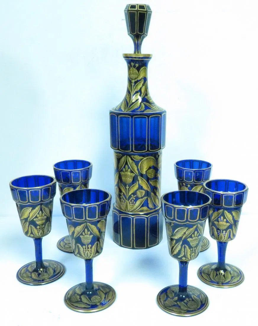 Moser Art Deco Glass w/ Gold Decoration Bottle (H: 13") + 6 Cups (H: 5"): Shipping in - House Available
