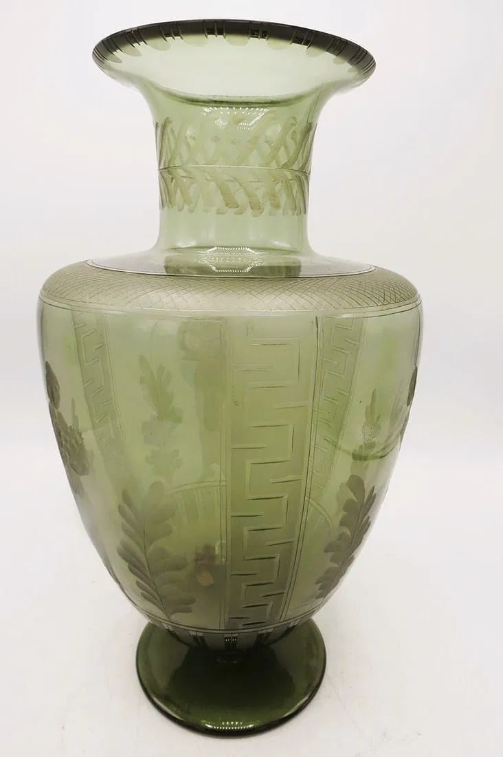Large European Crystal Vase w/ Engraving, Muses H: 15" Diam: 9" Excellent: Shipping in - House available