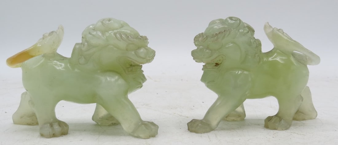 Antique Pair of Celadon Jade Lions H: 2" W: 3" D: 1.5": Shipping In - House available -