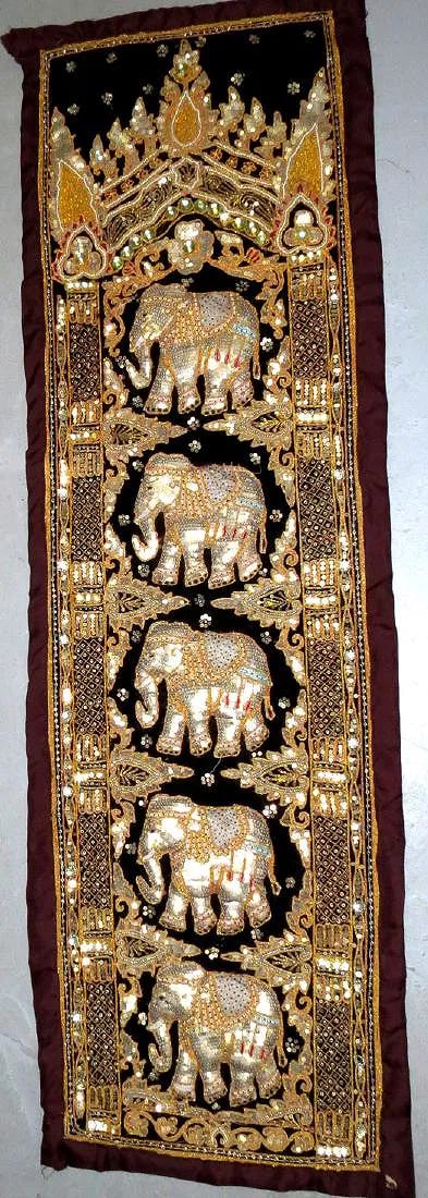 Tapestry Thai Elephants Silk/ Gold Line 55" x 18" Excellent Quality: Shipping in - House Available