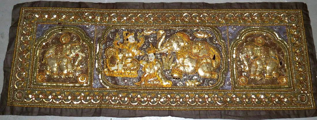 Tapestry Thai Elephants Silk/ Gold Line 55" x 18" Excellent Quality: Shipping in - House Available
