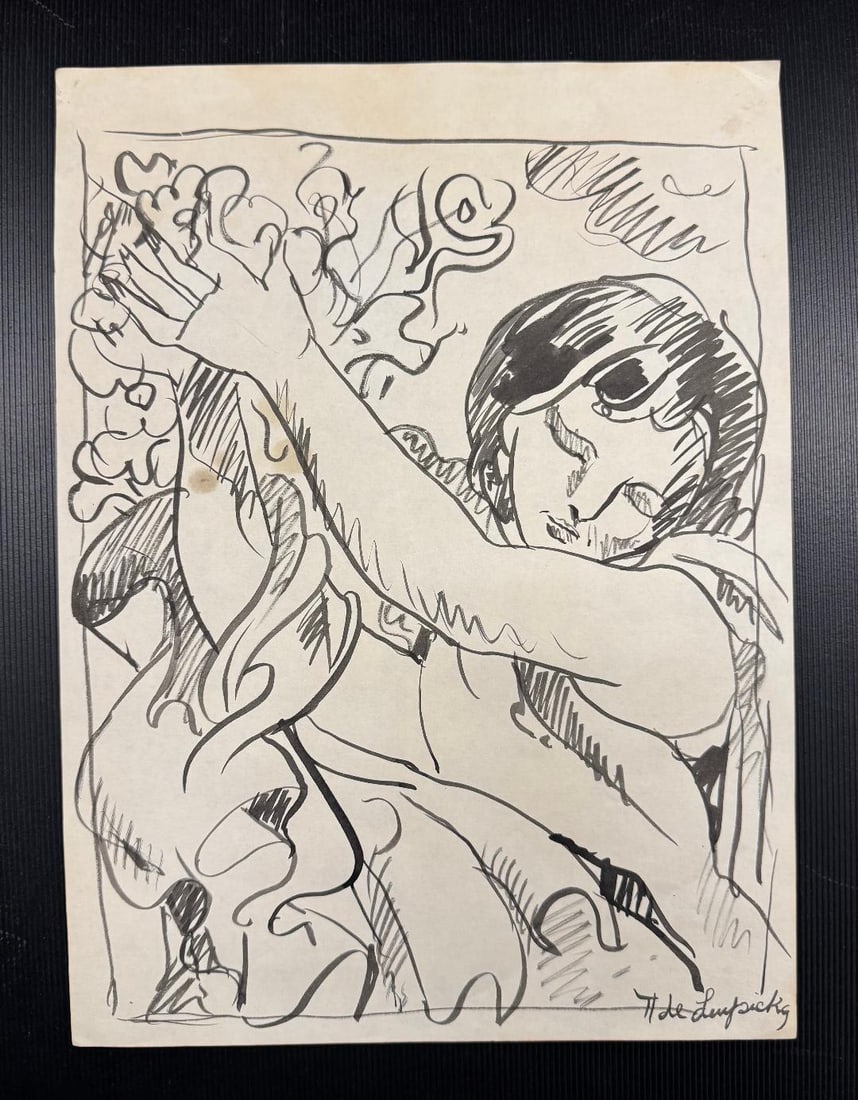 Tamara de Lempika (Attributed) Ink on Paper Art: 13" x 9" Fr: 15" x 11": Shipping in - House available - No COA - Tamara Lempicka was a Polish painter active in the 1920s and 1930s, who spent her working life in France and the United States. She is best known for her polis