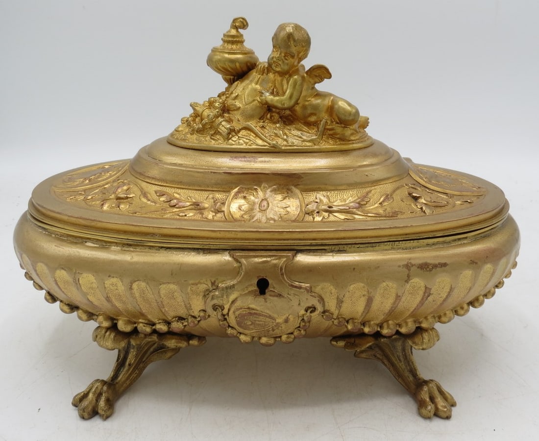 Antique European Dore Bronze Box w/Cherub H: 6" W: 10" D: 5": Shipping in - House available