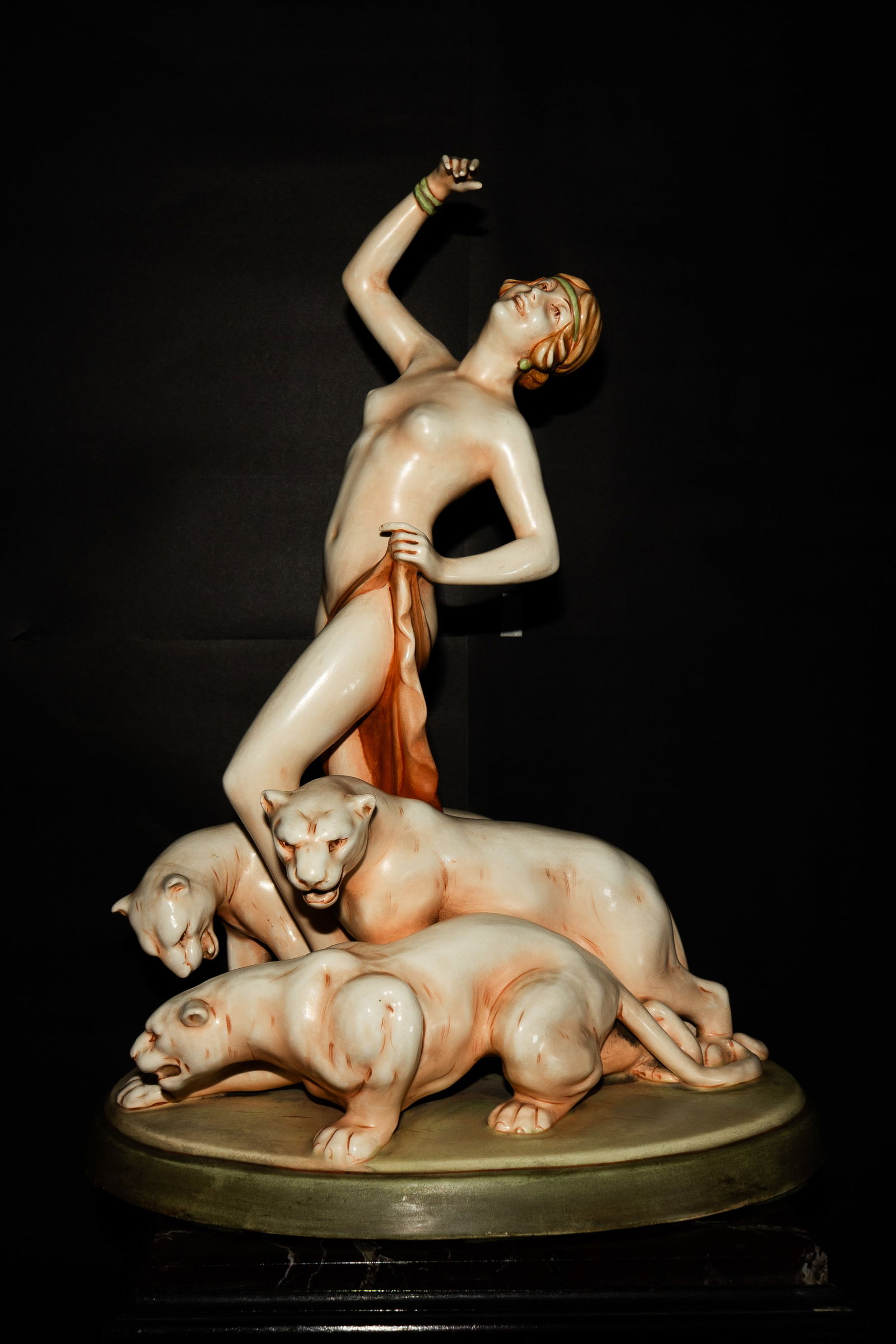 Art Deco European Ceramic Figure Lady w/ Lions H: 18": Shipping in - House available