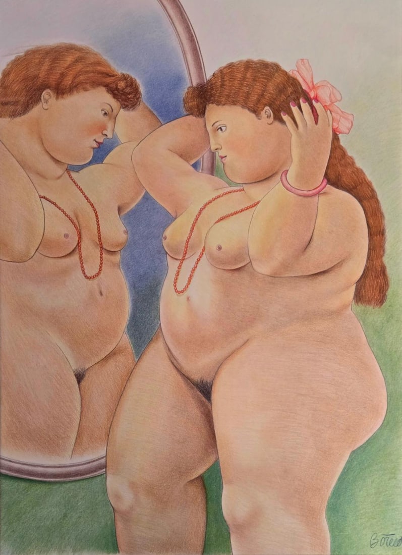 In the Manner of Fernando Botero Color Pencil on Paper Art: 29" x 21": Shipping in - House available. Unframed - Fernando Botero Angulo was a Colombian figurative artist and sculptor, born in Medellin. His signature style, also known as "Boterismo", depicts people and fi