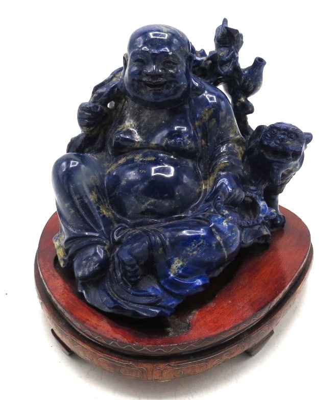 Lapis Lazuli Carved Sculpture w/ Wood Base H: 5" W: 5" D: 5" Chinese Buddha (1 of 3)