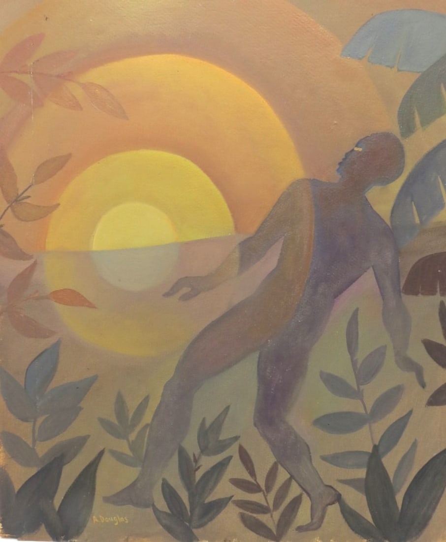 Aaron Douglas (Attributed) Oil on Board Art: 18" x 16" Unframed: Shipping in - House available. No COA - Aaron Douglas (May 26, 1899 – February 2, 1979 was an American painter, illustrator, and visual arts educator. He was a major figure in the Harlem Renaissance