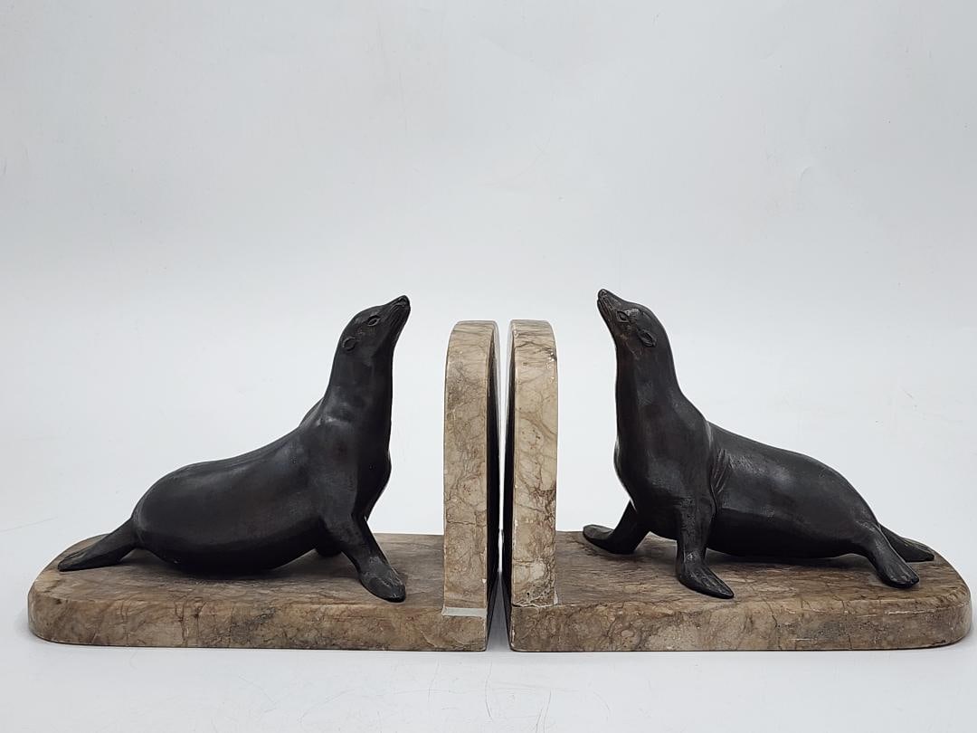 Pair of European Art Deco Bookends Figure of Seals H: 6" x W: 8" x D: 4": Shipping In - House available -