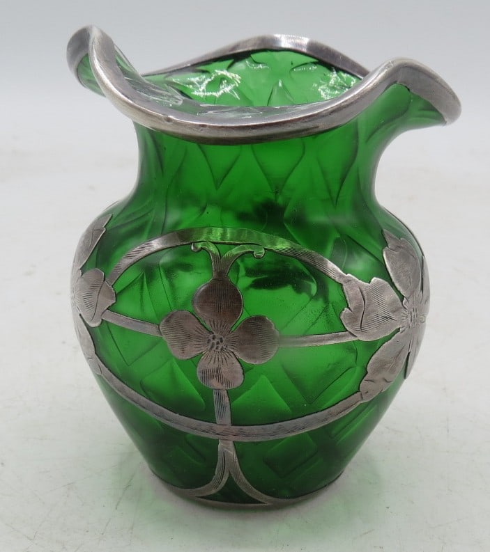 Loetz Overlay and Silver Vase H: 3.5" W: 3.2" D: 3.2": Shipping in - House available