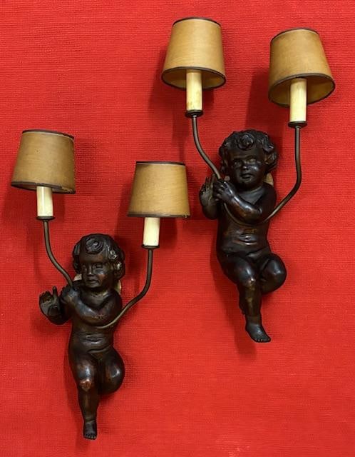 Pair of Figural "Cherubs" Sconces Carved Wood H: 14" W: 20": Shipping in - House available