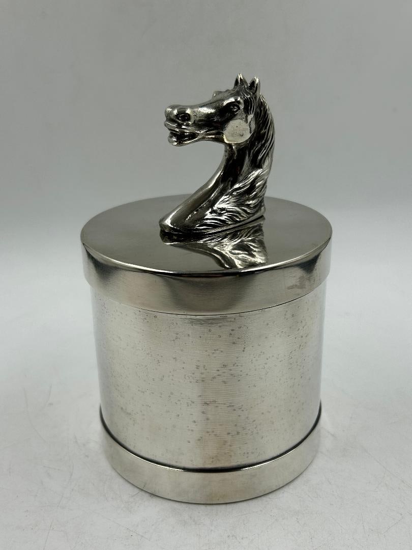 Hermes Paris Art Deco Silverplated Box w/ Horse H: 6" Diam: 3.7" France (1 of 4)