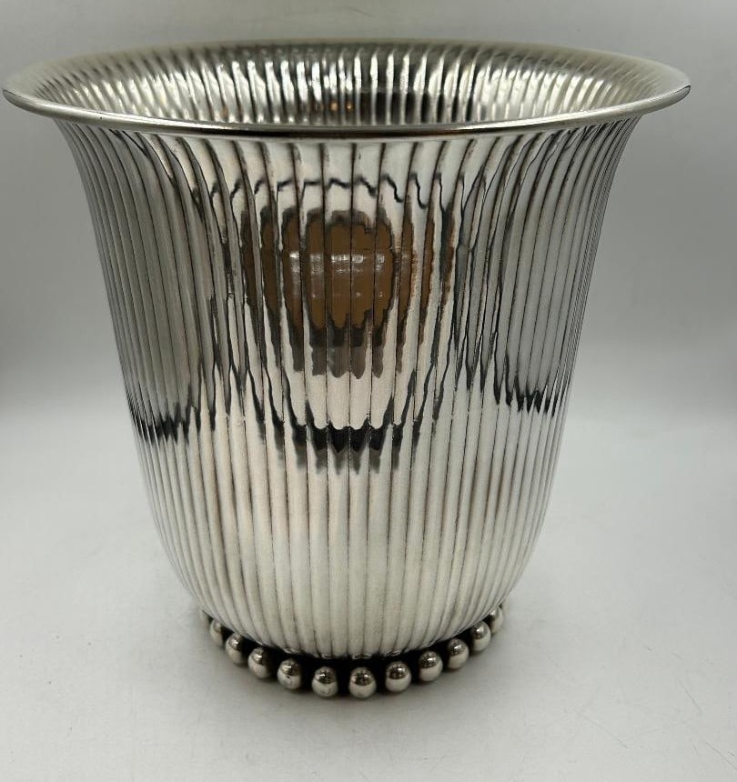 Jean Despres Magnificent Art Deco Centerpiece H: 8" Diam: 9" France: Shipping in - House available - Jean Despres was a French jewelry maker and designer best known for his intricate Art Deco jewelry made from semi-precious stones, machine parts, and enamel. Despres' a