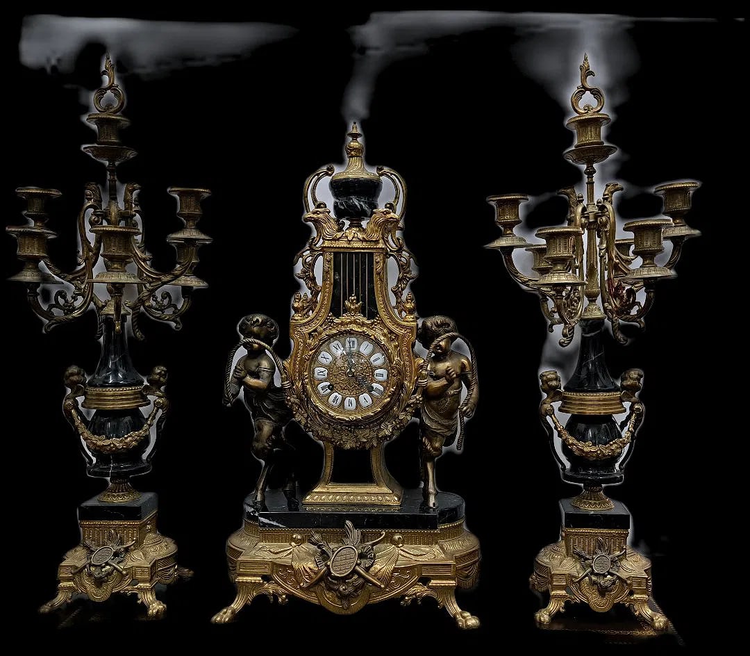 Louis XVI Style Garniture Set Clock - 24" x 14" x 7.5" Candelabras H: 27" 27.5: Shipping in - House available Very Good Condition