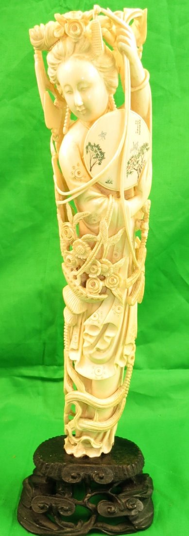 Ivory Sculpture Lady with Butterflies and Fan: Museum Quality ,Old Carving. H-13" Est. Shipping = $ 60 to USA