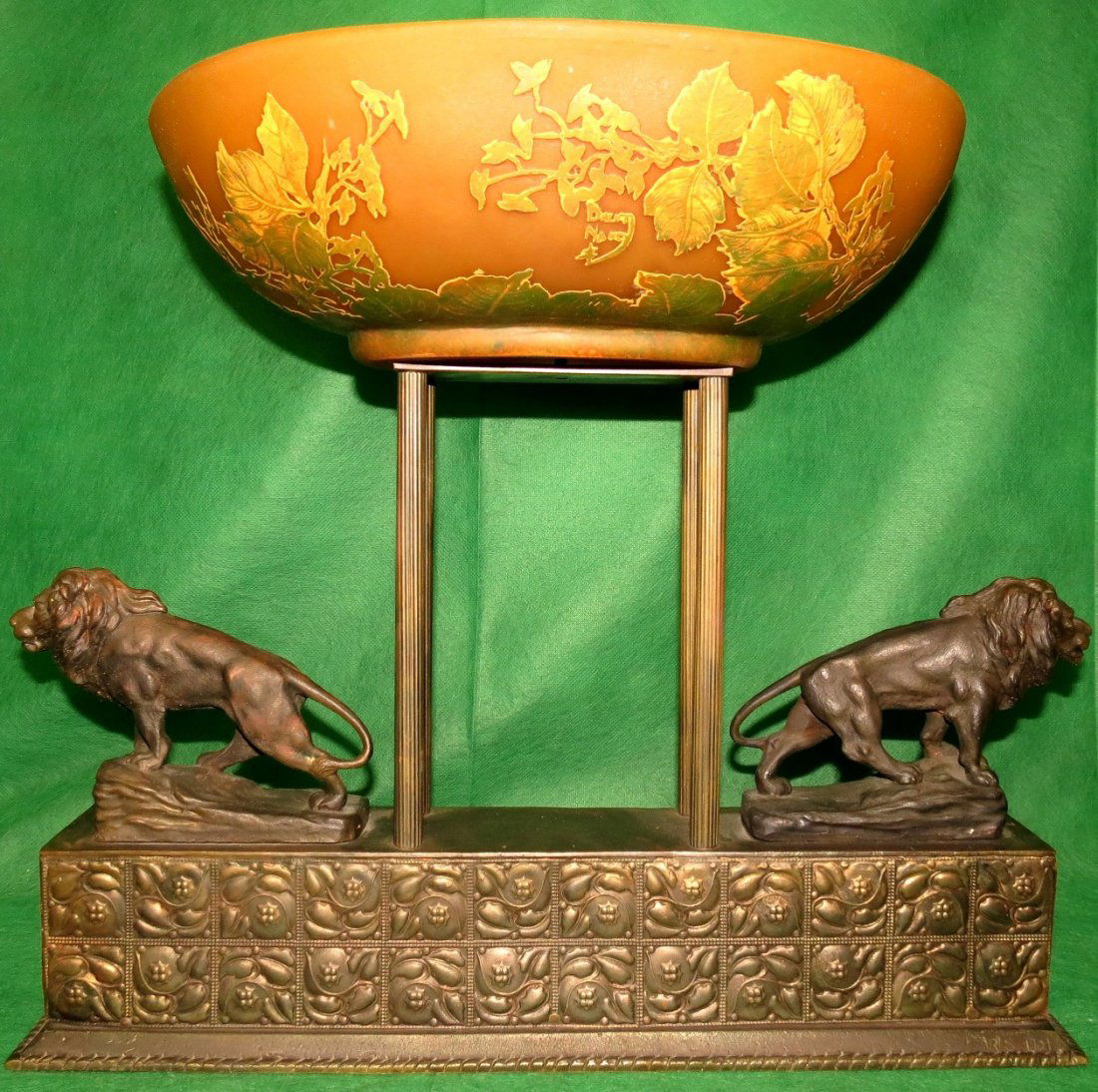 Daum Nancy Glass-Bronze Jardiniere Paris 1904: Glass Signed Daum Nancy - Bronze base with Lions marked Paris 1904 H: 15" W: 17" D: 11" Est. Shipping = $ 100 to US