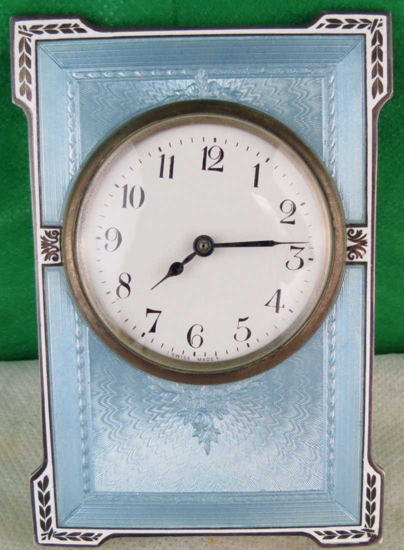 Sterling Silver and Enamel Desk Clock Swiss 1900: 4" x 3" Est. Shipping = $ 18 to U.S