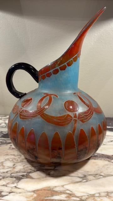 Charles Schneider Rare Grand Pitcher w/ Libellules H: 14" W: 11.8" France: Shipping in - House available - Signature au Berlingot - Charder. The name was used by the Schneiders for 2 or 3-layered cameo glass vases, bowls, ewers, lamps etc. in a style which combined art deco 