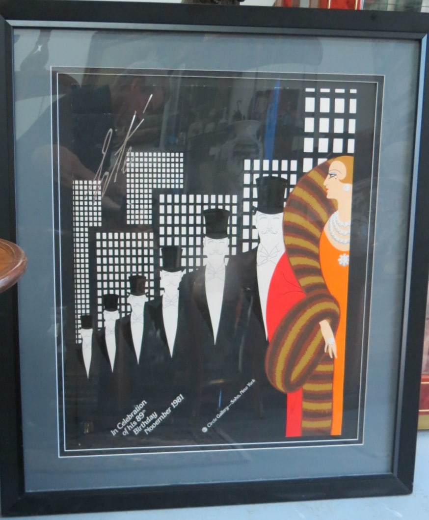 Erte 89th Birthday Celebration 1981 Serigraph Signed by the Artist.: Shipping in - House available Art: 22" x 30" Frame: 36" x 42" Erte 89th Birthday Celebration 1981 Limited Edition Serigraph Art Deco Print. This print showcases the elegance of the Art Deco style, ref