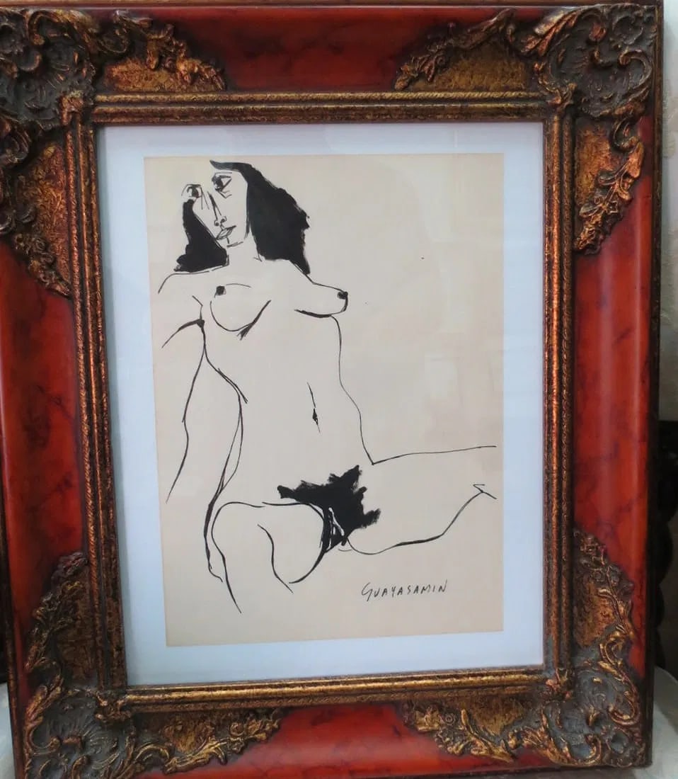 In the Manner of Oswaldo Guayasamin Ink on Paper 12" x 9" Fr: 19" x 17": Shipping in - House available. Guayasamin won the first prize at the Ecuadorian Saln Nacional de Acuarelistas y Dibujantes in 1948. He also won the first prize at the Third Hispano-American Biennial o