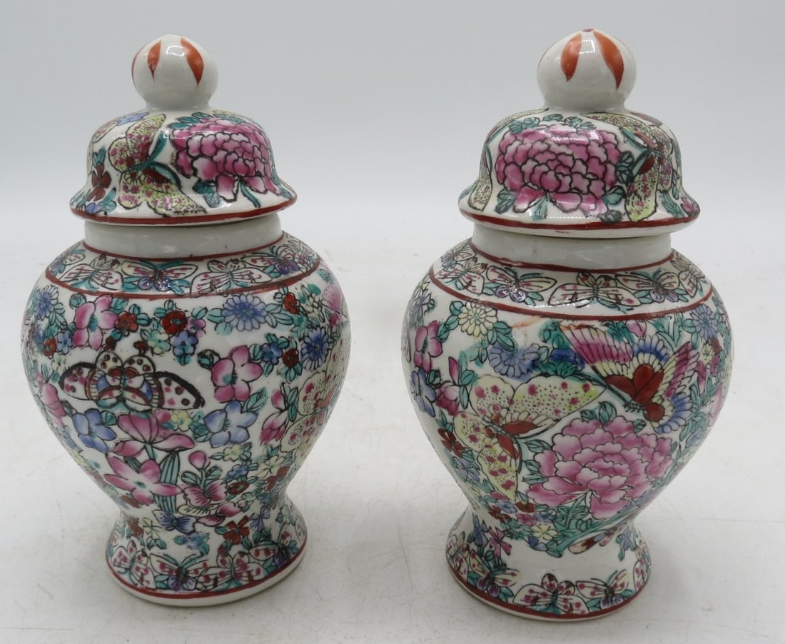 Antique Pair of Family Rose Ceramic Vases H: 6" Diam: 3" China: Shipping in - House available