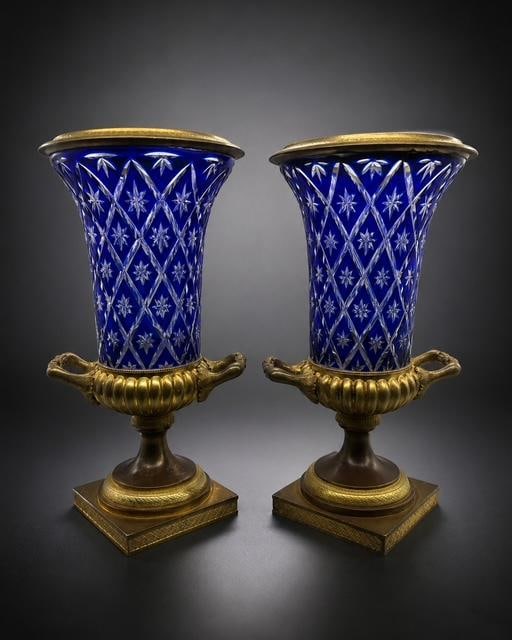 Pair of Russian Ormolu & Cobalt Blue Cut Glass Vases H: 7.8" (Circa 1830s) (1 of 2)