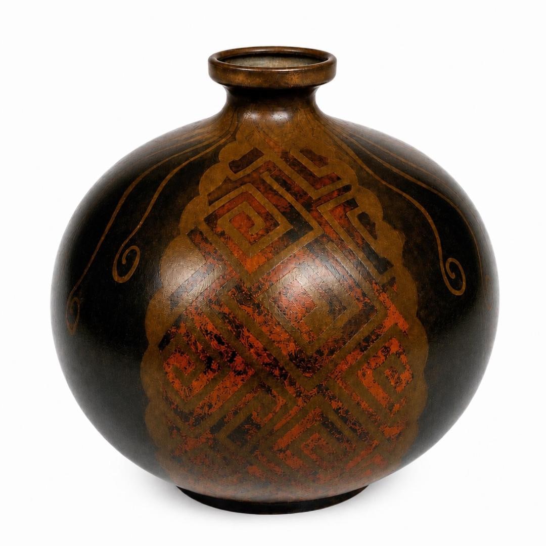 Jean Dunand Art Deco Lacquered Globular Vase H: 6.2" France: Shipping in - House available - Signed Jean Durand and Mark Made in France. Jean Dunand (20 May 1877 – 7 June 1942) was a Swiss and French painter, sculptor, metal craftsman and interior designer du