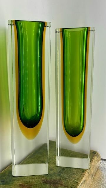 Pair Green Glass Vases Sommerso Murano Design by Flavio Pioli 10.3" x 9.8" (1 of 3)