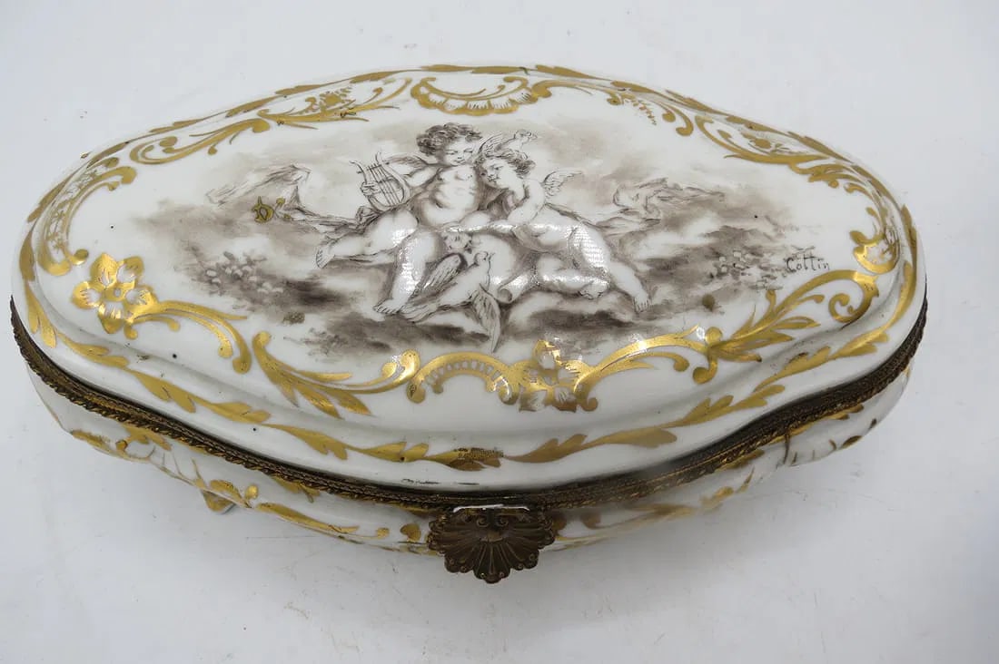 Sevres Porcelain Jewelry Box H: 4" W: 10" x D: 5.4" w/ Cherubs Scene (1 of 4)