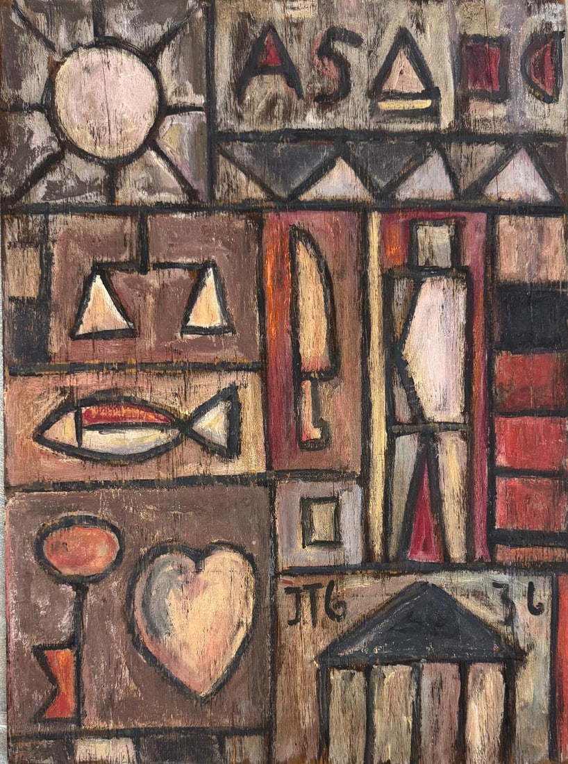 Joaquin Torres Garcia (Attributed) Oil on Board Art: 19.5" x 14.7" No COA: Shipping in - House available. (Uruguay) Joaqun Torres Garcia also known as Joaquim Torras, was an Uruguayan/Catalan artist painter, sculptor, muralist, novelist, writer, teacher and theorist who spen
