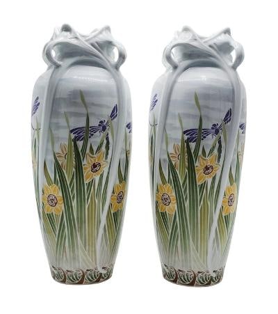 Pair of Art Nouveau Limoges Porcelain Vases H: 15" Diam: 7" France (1 of 3)