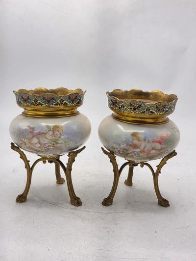 Pair of Sevres Porcelain & Bronze Champleve Urns H: 6" D: 5" France: We have an in-house shipping department to ensure your post-purchase processing is as easy as possible. We encourage you to call us 561-2129413 or contact carstensgalleries@yahoo.com if you have any f