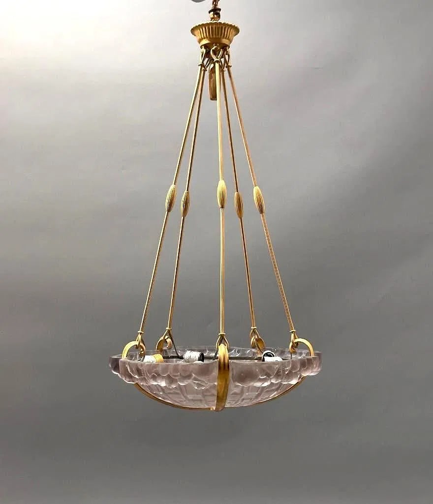 R. Lalique Art Deco Chandelier 5 Frosted Shades H: 24" Diam: 22" France (1 of 13)