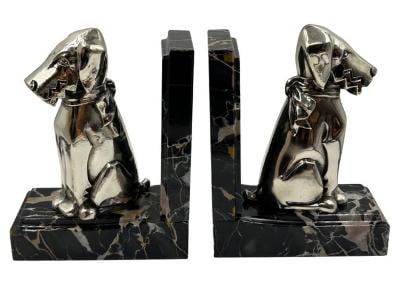 Pair of Art Deco Bookends Figures of Dogs / Marble Base H: 6" W: 5" D: 2" (1 of 4)