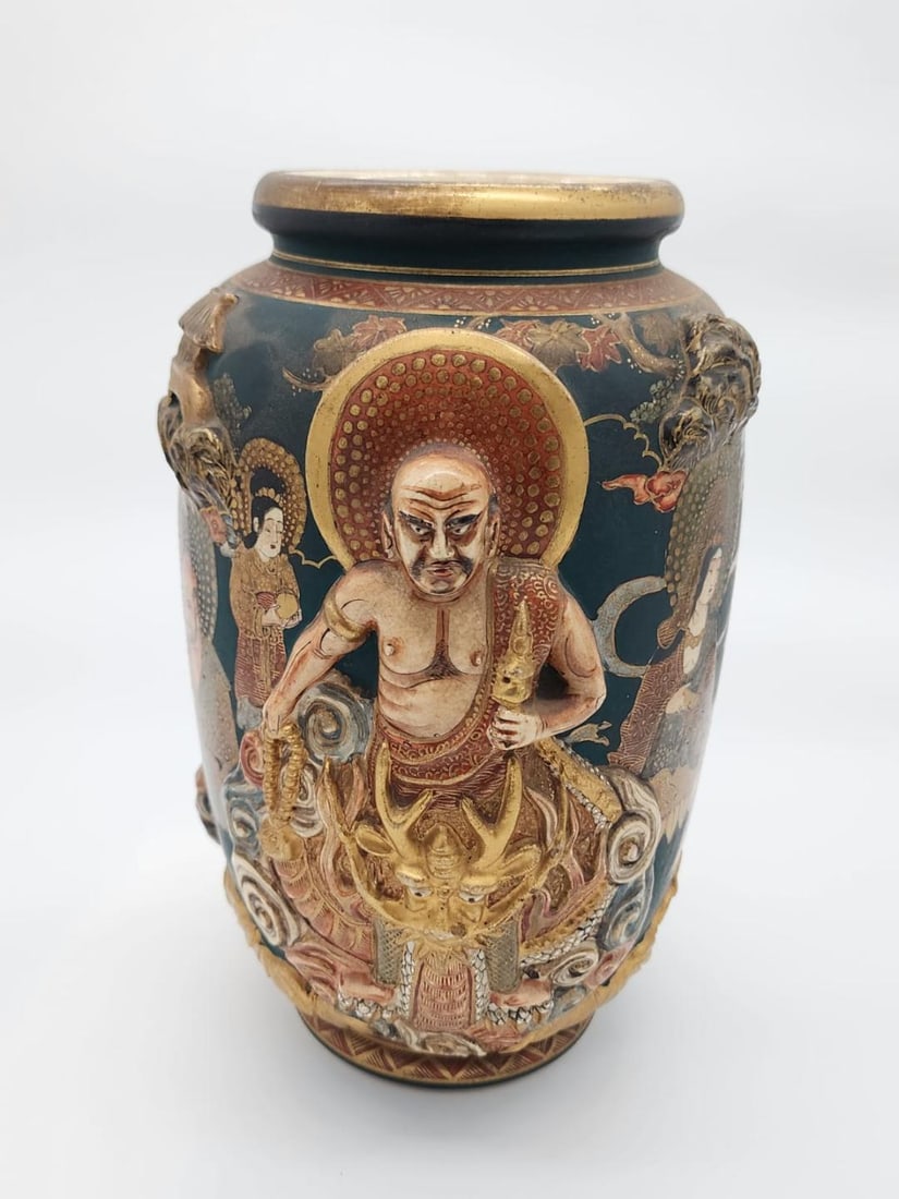 Antique Japanese Satsuma Vase with High Relief Figures H: 10.5"