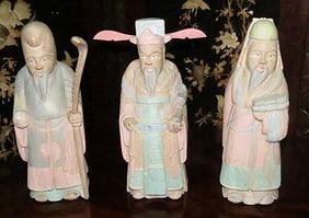 Polychrome Wood Set Of 3 Chinese Figures Shou Fu & Lu H: 18" Each (1 of 7)