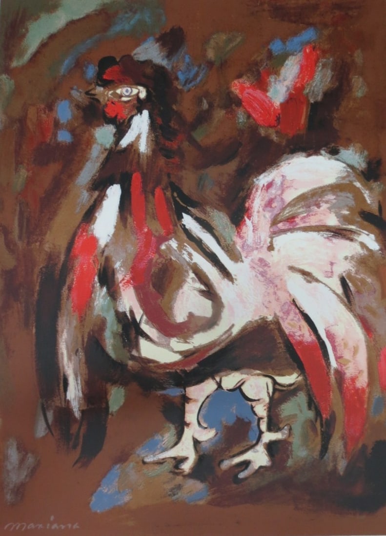 Mariano Rodriguez Serigraphy "Gallo" 1959 30" x 22" w/ COA: Unframed - Shipping in - House available. ?Mariano? was born in Havana in 1912. Since boyhood, he was interested in drawing and painting. In 1936 he went to Mexico where he studied for a year and a